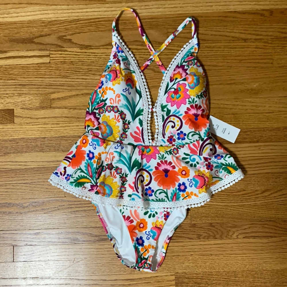 Sunshine 79 swimsuit - “Bonita floral” plunge one piece with skirted waist